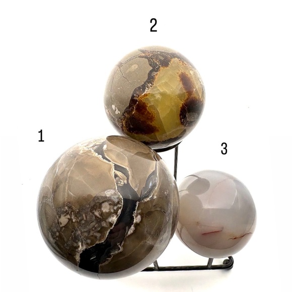 Set of 3 Crystal Spheres- Volcano Agate, Septarian & Orca Agate- with stand - Picture 9 of 10
